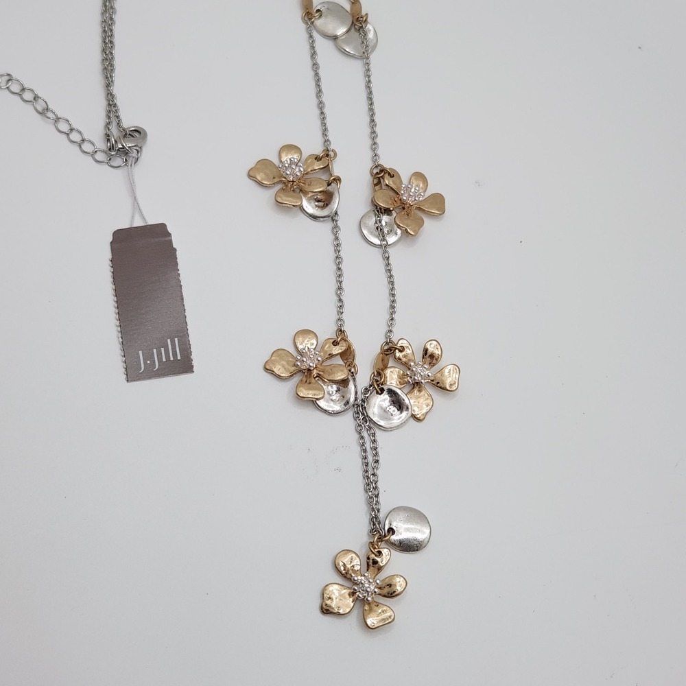 Boho Chic Hammered Flower Station Necklace Mixed Metal Gold Silver Elegant - Picture 6 of 9